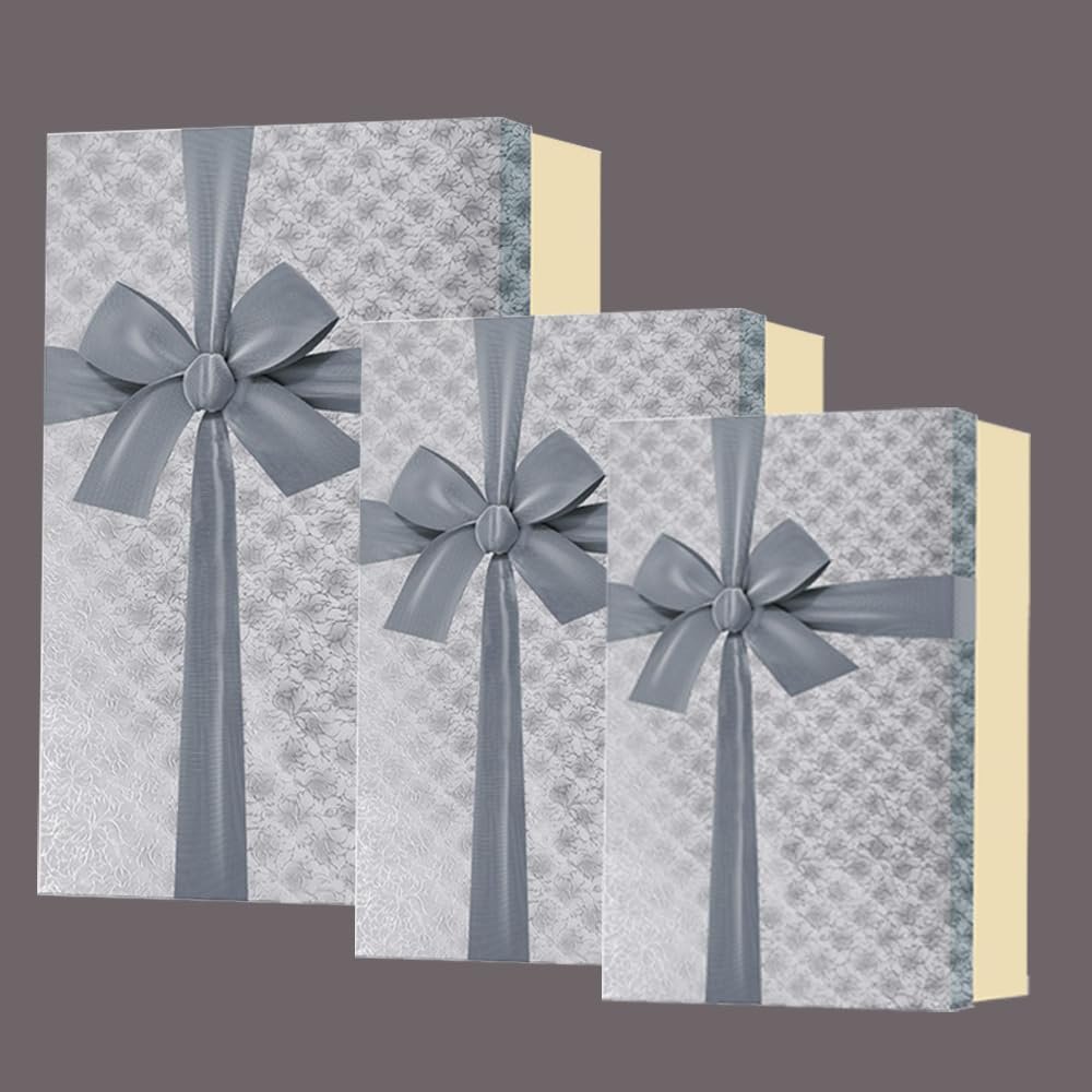 61dE92SGClL._SL1000_ Gift N Greet Gift Box Sets Of-3 Luxury Gift Box Set with Ribbon for Packaging Multipurpose Gift Hampers | Boxes for Presents Diwali Christmas Wedding Birthdays Special Occasions (Silver) - Image 1