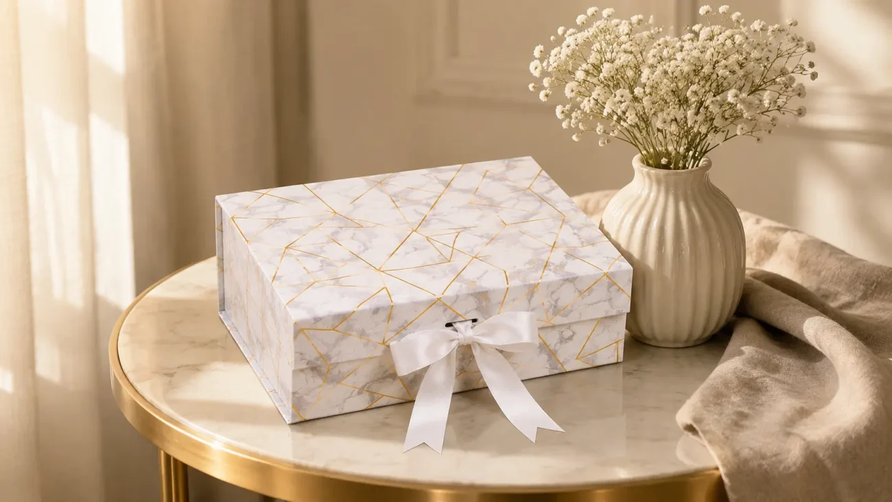 A beautifully wrapped gift box placed on a side table beside flowers.