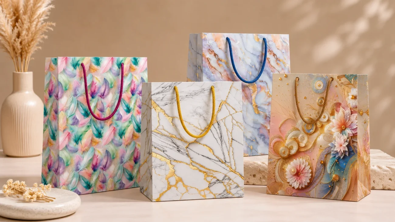 Printed paper gift bags designed for gifting, retail stores, boutiques, and everyday packaging applications.