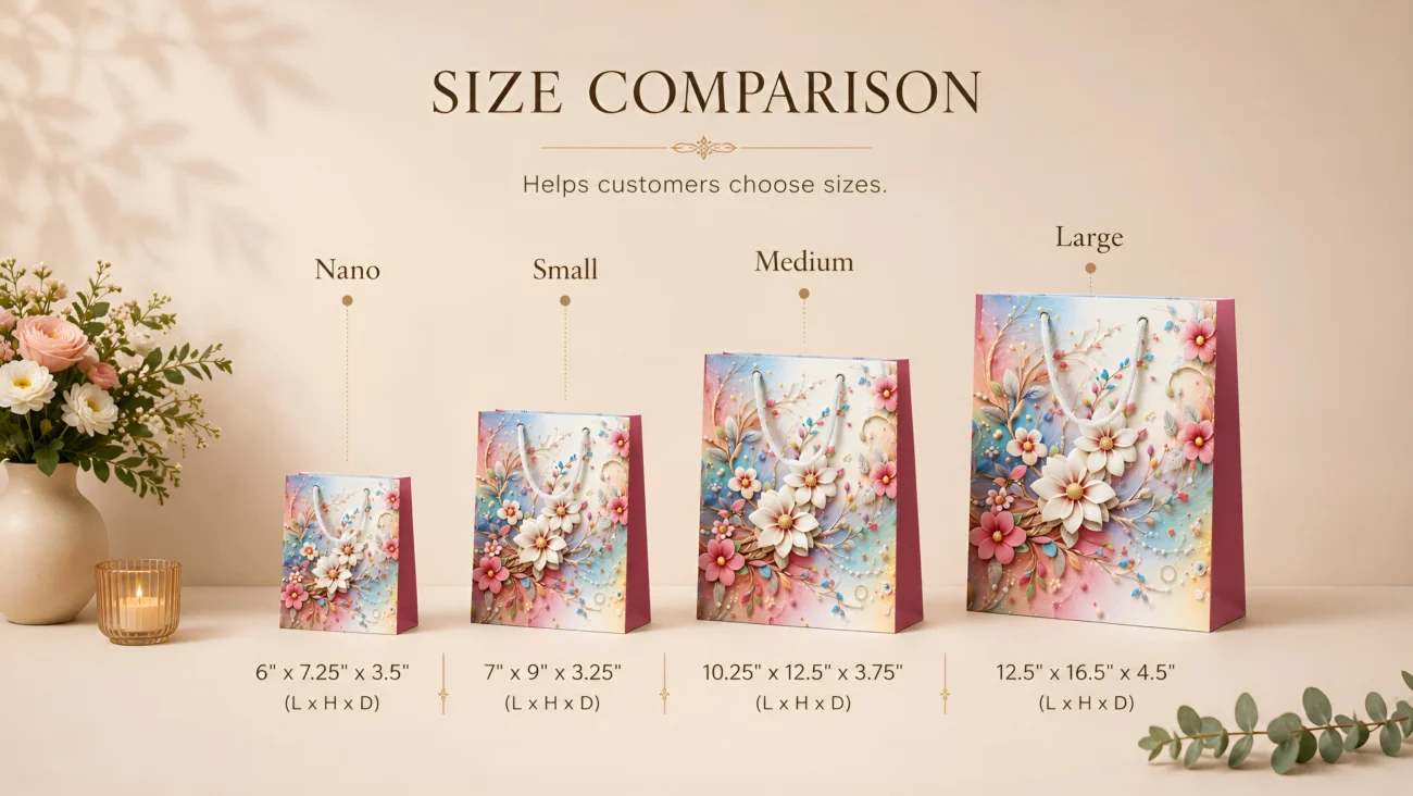 Available in a wide range of sizes, prints, and finishes, paper gift bags are suitable for clothing, cosmetics, gift hampers, books, accessories, and promotional items.